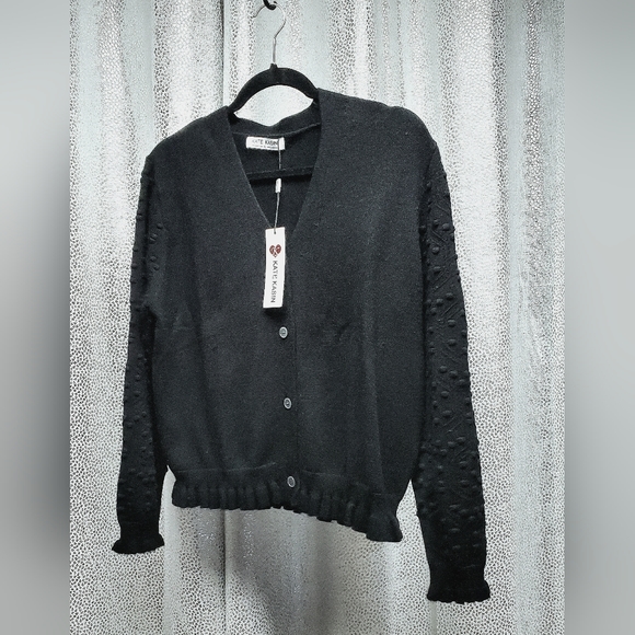 Black Sweater Short Cardigan Puff Pom Sleeves - Picture 11 of 13